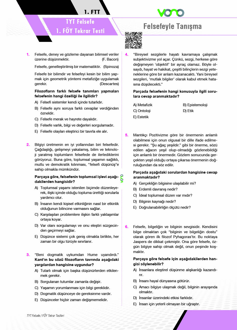 TYT FELSEFE FÖY TEKRAR TESTLERİ